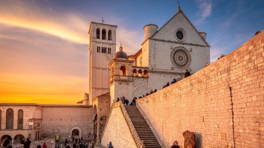 Assisi Italy church at sunset