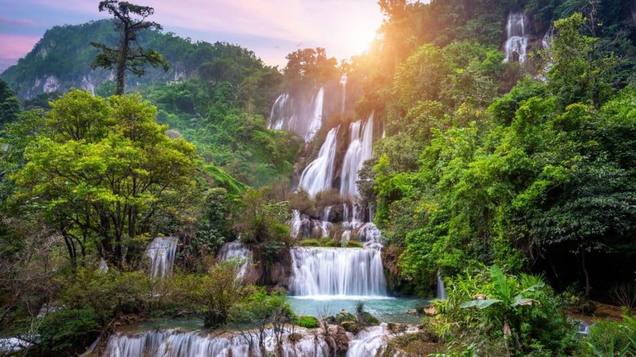 Thi Lo Su Waterfall in Thailand at sunset