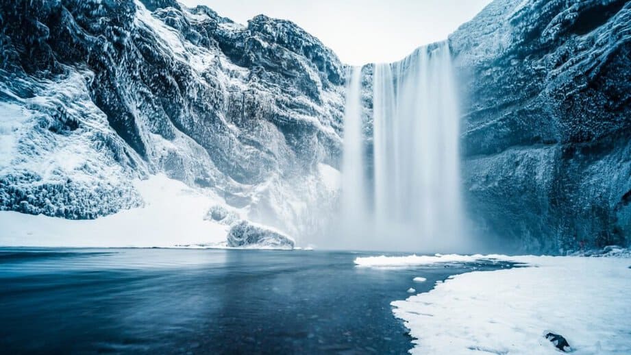 skogafoss waterfalls in iceland in the winter